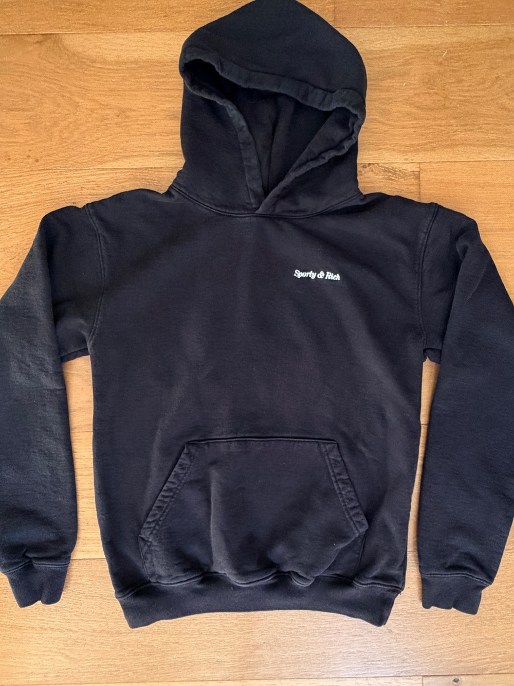 Sporty & Rich Classic Logo Script Cotton Hoodie Sweatshirt Faded Black S Unisex